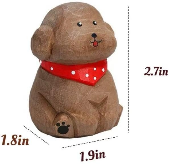 Cute Wood Teddy Dog Figurine, 2.7'Handmade Carved Brown Teddy Statue with Base, Unique Pet Dog Figure Collectibles Home Decor, Gift for Pet Lover
