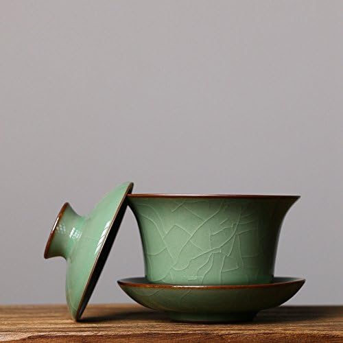 Gaiwan Kung Fu Teacups with Lid 5-Ounce Teacup and Saucer Set Glazed Crack Porcelain Chinese Celadon(Army Green Crack)