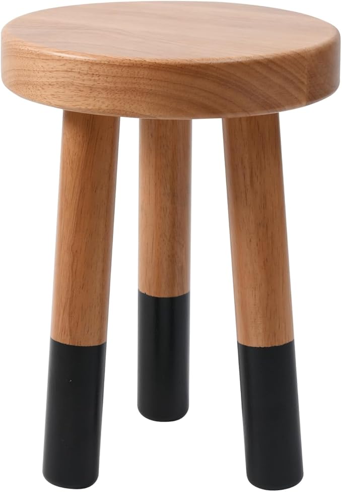 Rubber Wood 9" Round Plant Stand |Dip Dyed Black Stool, Wood Riser |Milking Stool (12" H)
