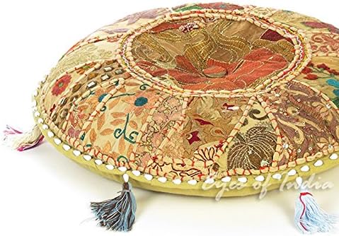 Eyes of India Round Floor Seating Meditation Patchwork Pillow Cushion Cover Colourful Decorative Throw Indian Bohemian Accent Boho Chic Handmade Cover Only (Light Brown, 28" x 28")