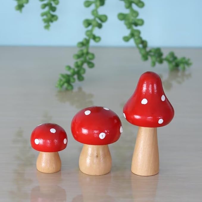 3Pcs Mushroom Decor Wooden Mini Figures Fairy Garden Accessories 2.9in 1.8in 1.2in Cute Miniature Mushrooms Home Decor for Bedroom Office Bonsai Fairy Garden Red