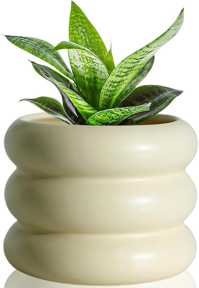 4.7 Inch Modern Plant Pot Beige Ceramic Glaze Succulent Planters for Indoor Unique Pots, Planter with Drainage Holes Small Bubble Porcelain for Herb Snake Plants