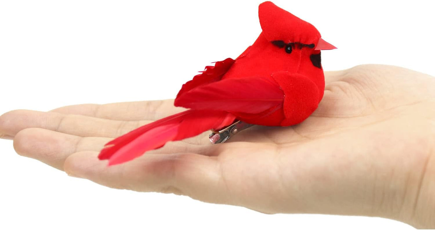 KLEWEE 12 Pcs Cardinal Birds for Crafts, Mini Cardinal Clip On Christmas Tree Ornaments Artificial Red Birds Decorations for Wreaths Centerpieces DIY Crafts, Red Velvet & Feathers