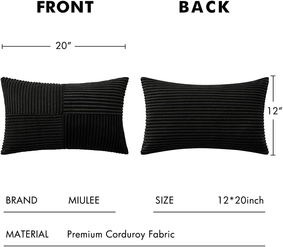 MIULEE 12x20 Inch Boho Lumbar Accent Pillows Set of 2 - Black Corduroy Textured Throw Pillow Covers with Cross Patchwork Design, Soft Spliced Decorative for Sofa, Bed & Reading Nook
