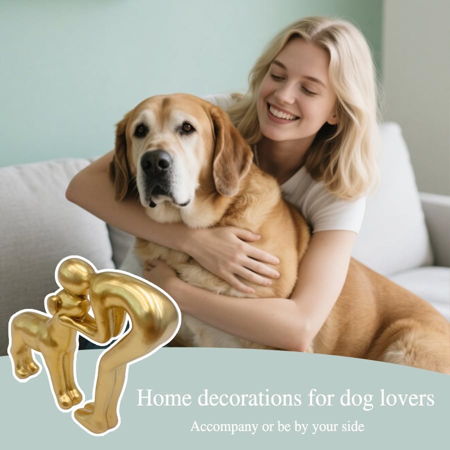 Human and Dog Statue Decoration, Cute Pet Sculpture Home Decor Tabletop Ornament Figurines Office Living Room Bedroom Home, for Dog Lovers Friends Family Decoration, Gold Color