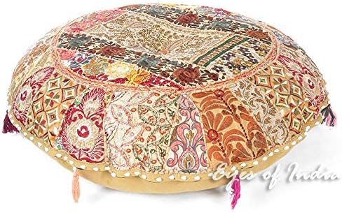 Eyes of India Round Floor Seating Meditation Patchwork Pillow Cushion Cover Colourful Decorative Throw Indian Bohemian Accent Boho Chic Handmade Cover Only (Light Brown, 22" x 22")
