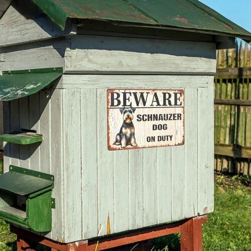 Beware Schnauzer Dog on Duty Metal Sign - Vintage Rustic Iron Wall Decor with Humorous Warning Design, 8x12 Inch Weather-Resistant Outdoor/Indoor Sign for Home, Office, Bar, Kitchen, Garage