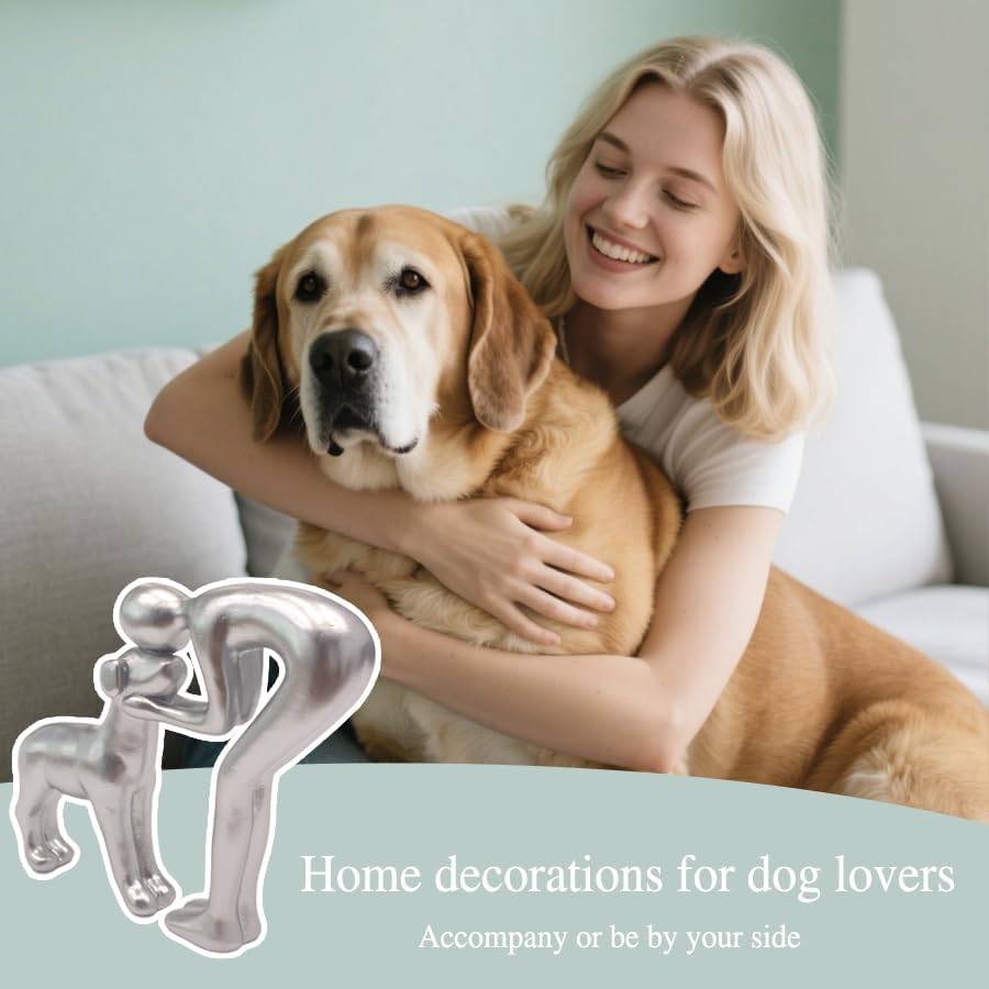 Human and Dog Statue Decoration, Cute Pet Sculpture Home Decor Tabletop Ornament Figurines Office Living Room Bedroom Home, for Dog Lovers Friends Family Decoration, Silver Color