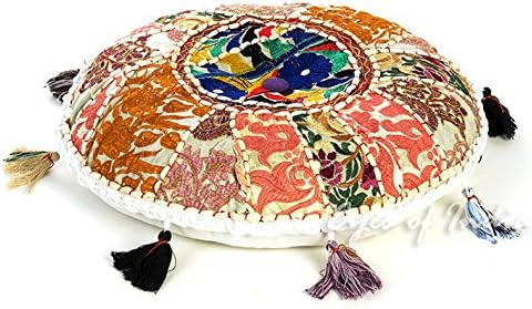 Eyes of India Round Floor Seating Meditation Patchwork Pillow Cushion Cover Colourful Decorative Throw Indian Bohemian Accent Boho Chic Handmade Cover Only (White, 22" x 22")