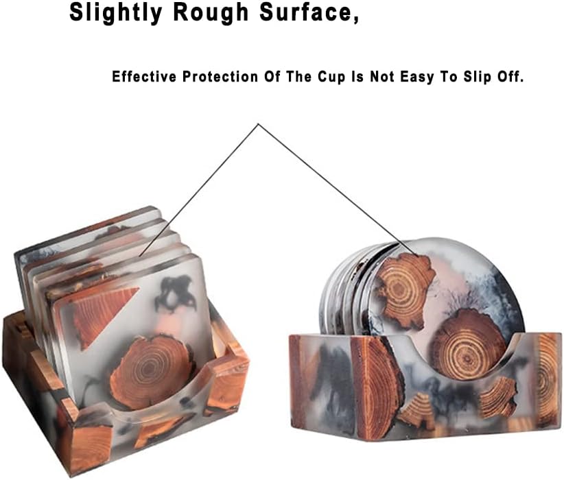 DIYOMR Set of 6 Wood Coasters with Holder, Resin Epoxy Coaster for Drinks, Cool Coaster Art for Home Office Coffee Bar Table Protection Decor (6 Square Set with Holder)