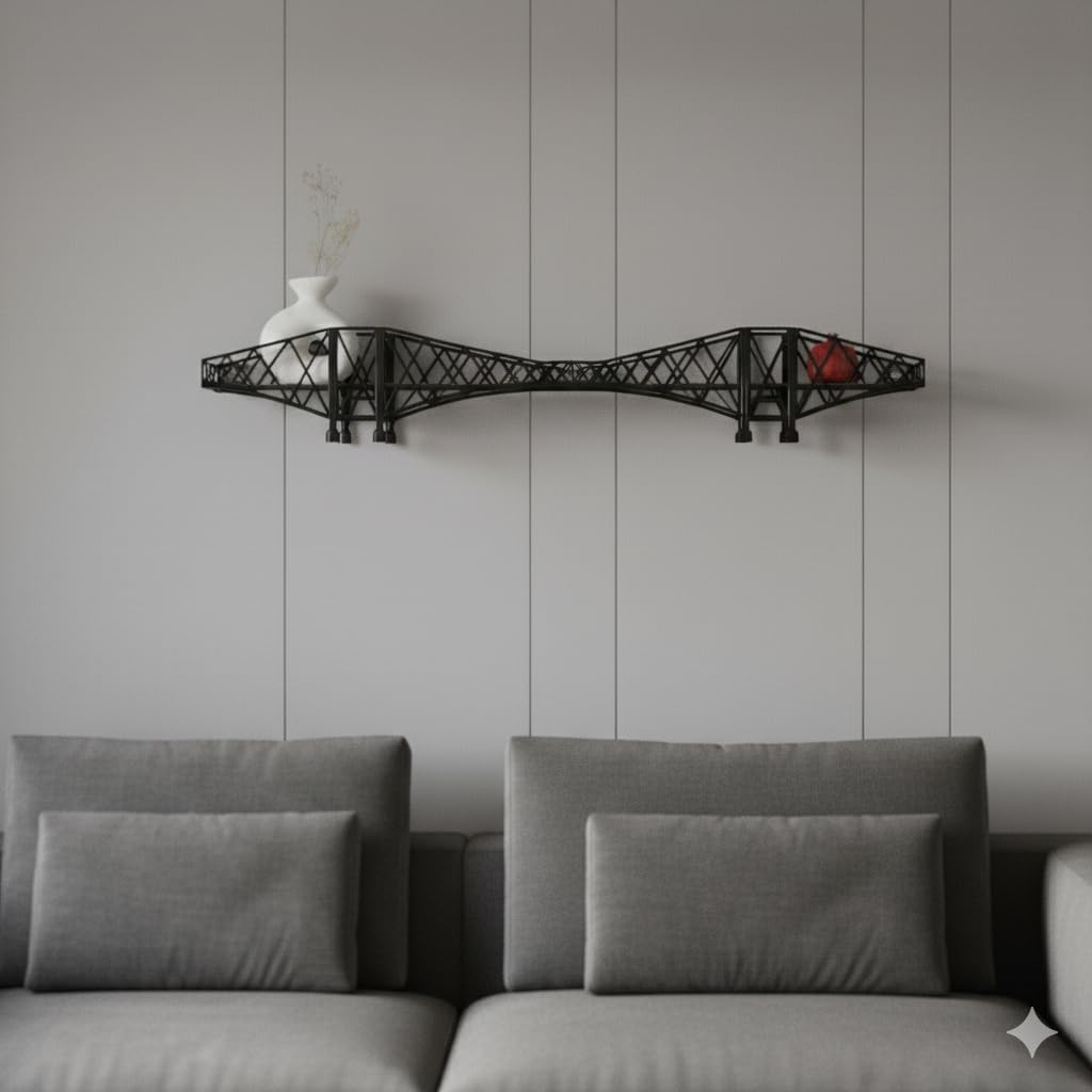 Metal Bridge Shelf – Iron Floating Shelf for Wall or Desk Use – Decorative Storage Rack for Books, Plants & Home Decor – Wall-Mounted or Tabletop Display (Forth Black)