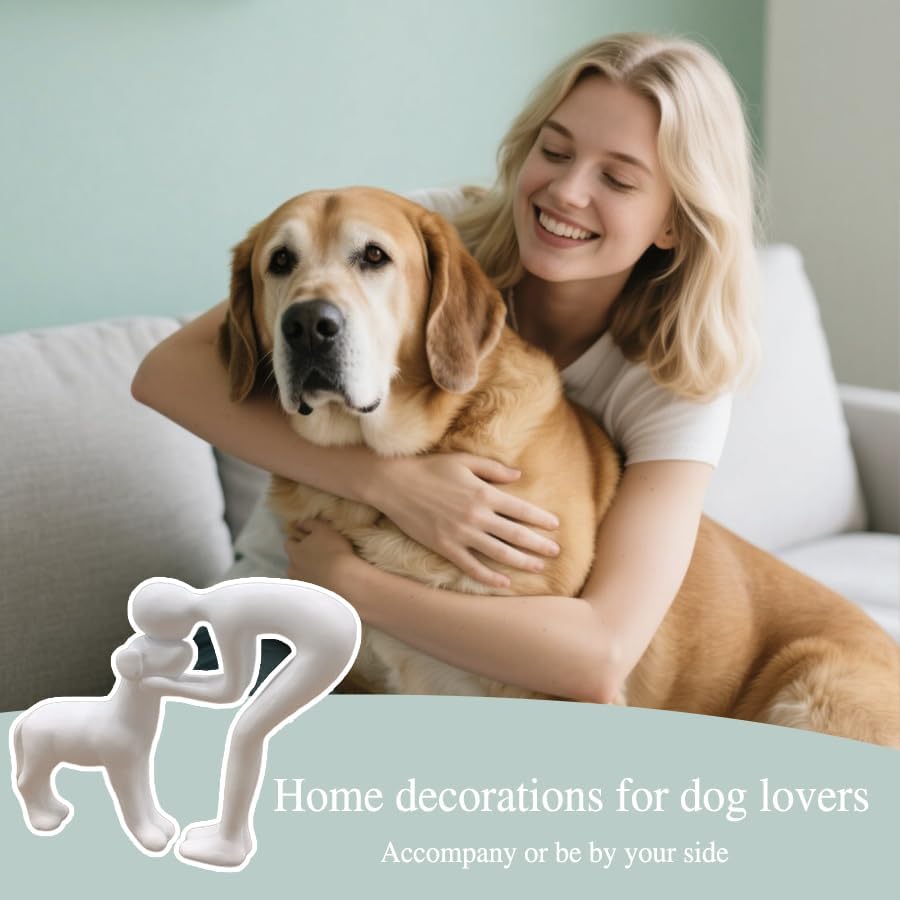 Human and Dog Statue Decoration, Cute Pet Sculpture Home Decor Tabletop Ornament Figurines Office Living Room Bedroom Home, for Dog Lovers Friends Family Decoration, White Color