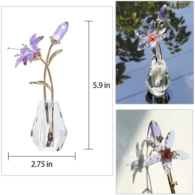 LONGWIN Crystal Artifical Tiger Lily Flowers with Vase - Purple Glass Collectible Figurines for Home and Wedding Decor