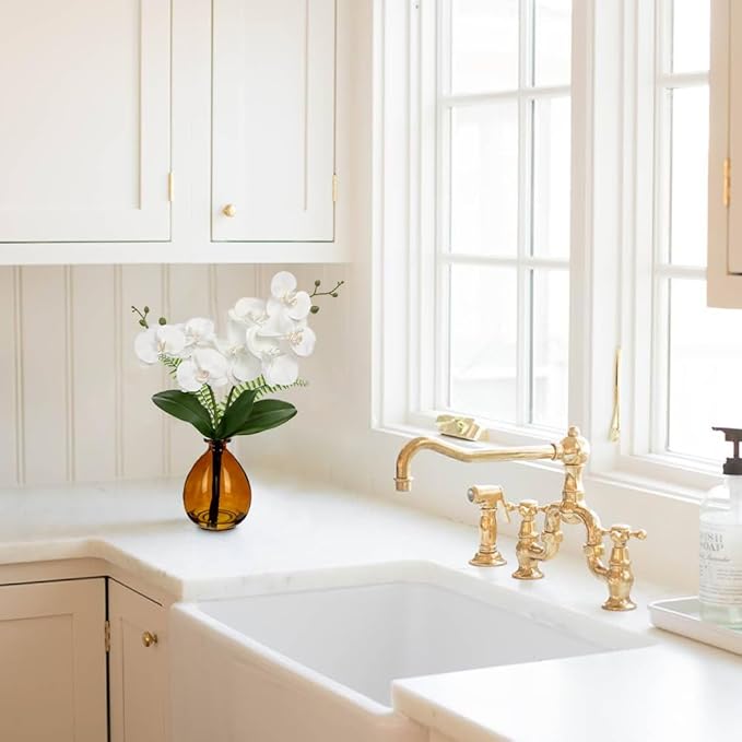 White Orchids Artificial Flowers, Faux Orchid in Glass Vase Real Touch Small Phalaenopsis Orchid Flowers Arrangements with Amber Vase Orchid Centerpiece for Dining Room Table