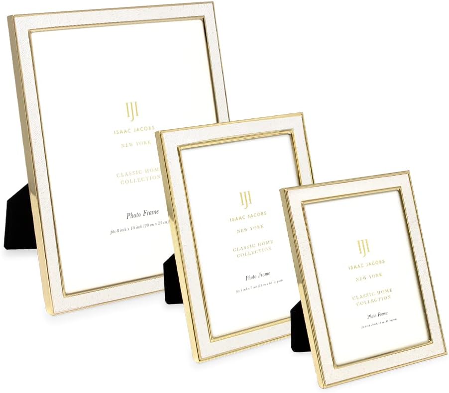 Isaac Jacobs 5x7 White Textured Leather (Vertical & Horizontal) & Gold Metal Picture Frame, with Black Fabric Easel, Wall-Mountable, Made for Tabletop, Home or Office (5x7, White W/ Gold)