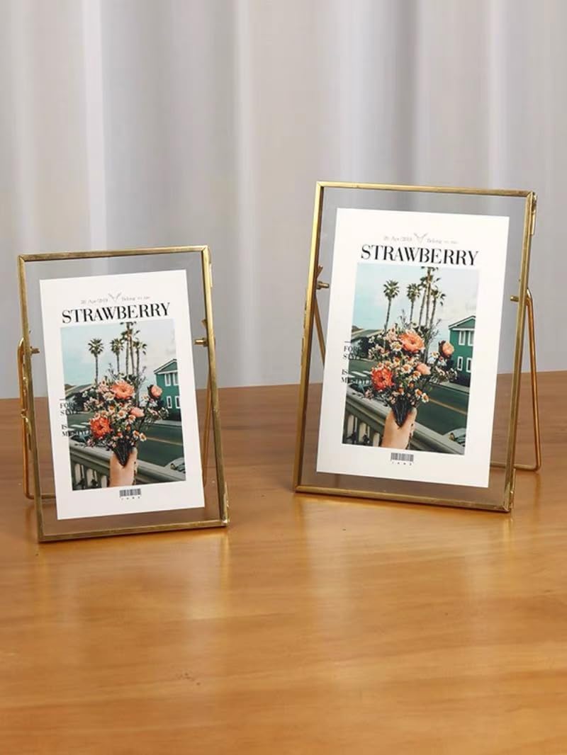 Gold Picture Frame - 4x6 Antique Brass Postcard Picture Frame for Desk - Small Pressed Glass Frame for Pressed Flowers - Floating Vertical… (Gold, 4 * 6 5 * 7 8 * 10 inches)