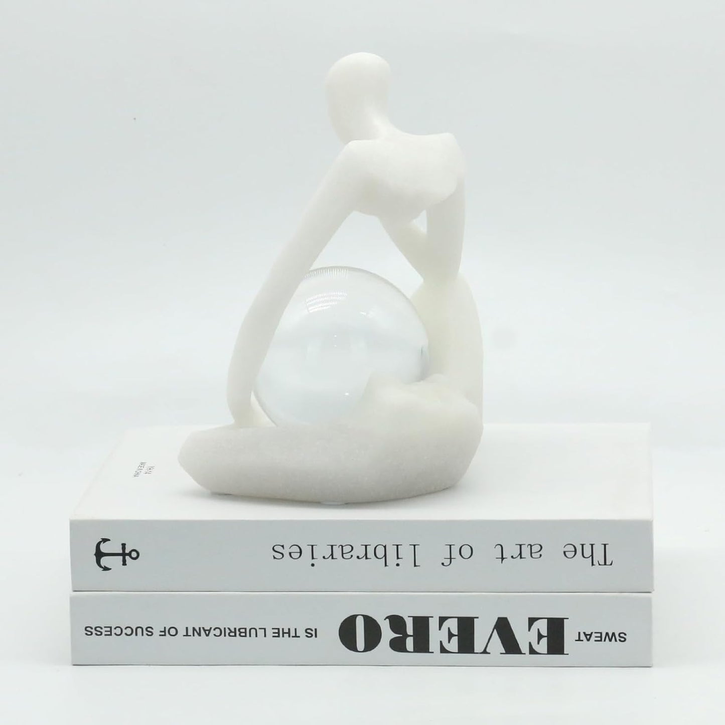 Lukitas Resin Thinker Statue - Holding Crystal Ball Sculpture, Modern Abstract Collectible Figurine for Home Office Bookshelf Decor, White Sand 7.5''