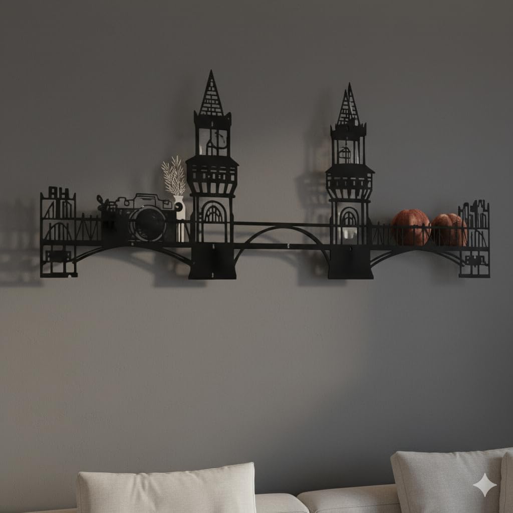 Metal Bridge Shelf – Iron Floating Shelf for Wall or Desk Use – Decorative Storage Rack for Books, Plants & Home Decor – Wall-Mounted or Tabletop Display (Berlin Black)