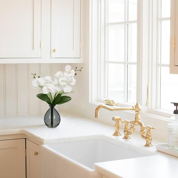 White Orchids Artificial Flowers, Faux Orchid in Glass Vase Real Touch Small Phalaenopsis Orchid Flowers Arrangements with Black Vase Orchid Centerpiece for Dining Room Table