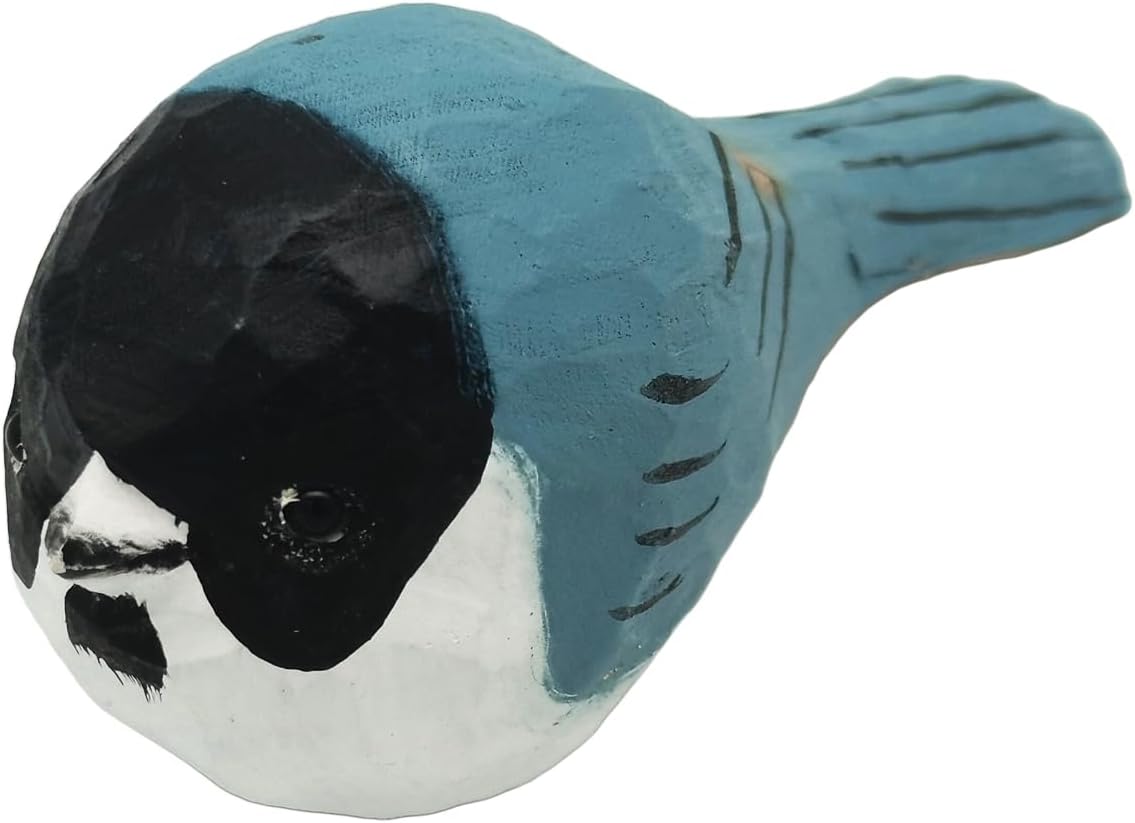 DIYOMR Hand Carved Wooden Bird Statue, Art Animal Sculpture with Wood Block, Vivid Blue Sparrow for Gift Home Table Ornament Decor