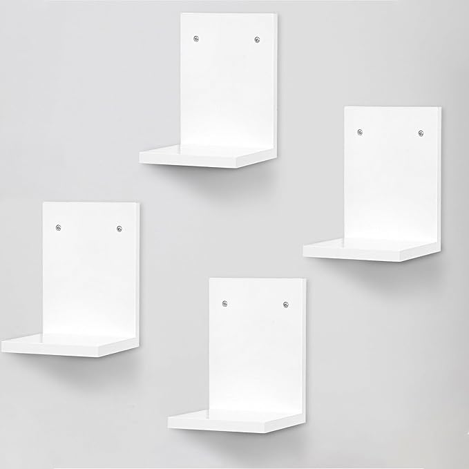 PHOENANCEE Small Wall Shelf Modern,Wooden Mini Floating Shelves,Indoor Wall Mounted Plants Shelf L Shaped,Midcentury Display Decorative Holder for Gallery Living Room Bedroom Porch,Pine,4 Pack(White)