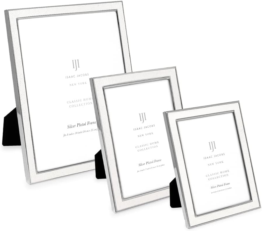 Isaac Jacobs 8x10 White Textured Leather (Vertical & Horizontal) & Silver Metal Picture Frame, with Black Fabric Easel, Wall-Mountable, Made for Tabletop, Home or Office (8x10, White W/ Silver)