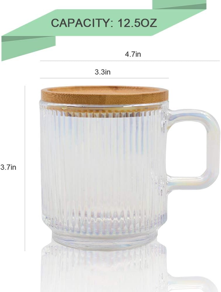 Lysenn Iridescent Glass Coffee Mug with Lid - Premium Classical Vertical Stripes Glass Tea Cup - for |Latte|Tea|Chocolate|Juice|Water| - Unleaded - Bamboo Lid - 12.5 Ounces