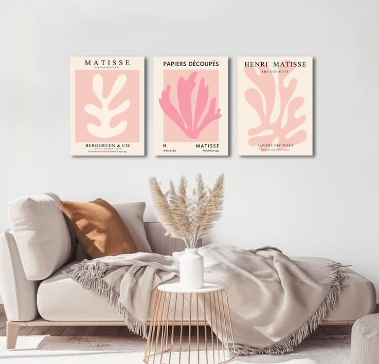 Julaydi Pink Matisse Wall Art Framed Abstract leaf Posters Pastel Henri Matisse Canvas Prints Modern Minimalist Wall Decor Aesthetic Painting Pictures for Living Room Bedroom Bathroom 12x16in Set of 3
