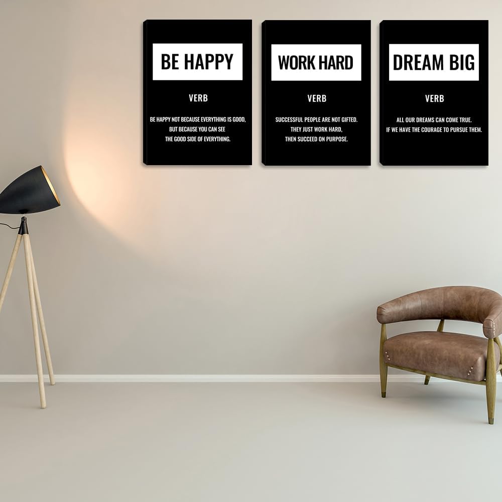 Inspirational Positive Canvas Wall Art Poster 3 Pieces Work Hard Office Wall Decor Inspiring Quote Picture Painting Framed Prints Motivational Poster Wall Art Decor for Living Room Bedroom (36”Wx16”H)