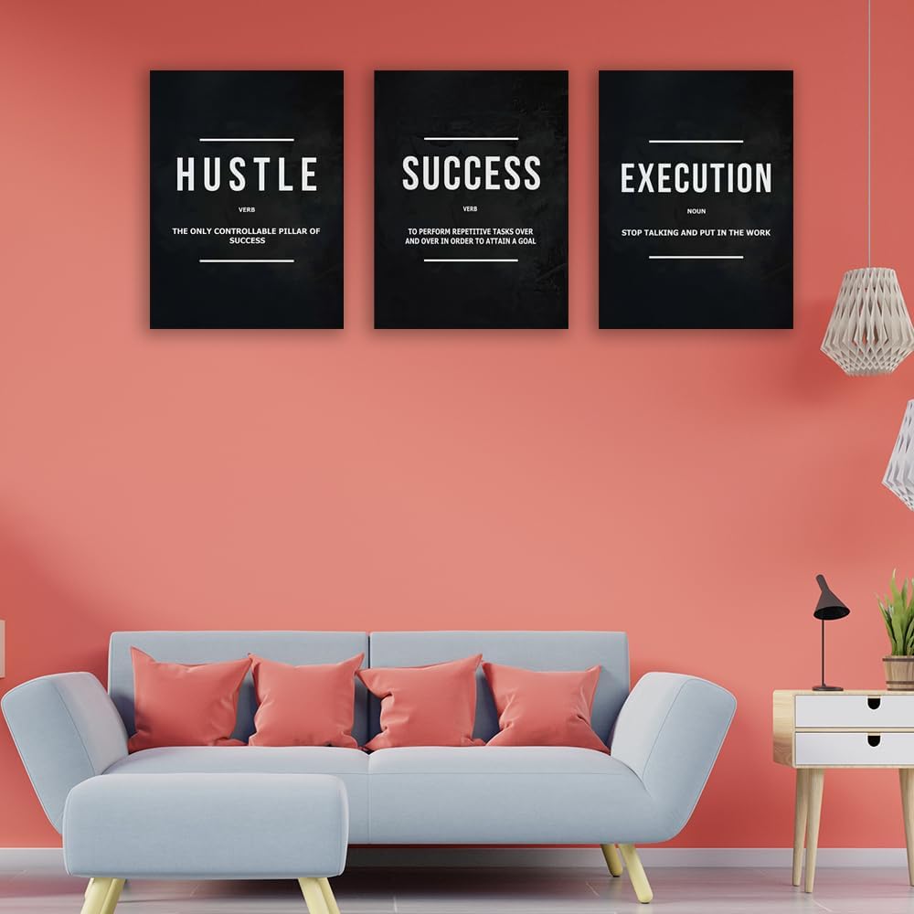 Inspirational Posters Success Canvas Wall Art Goal Artwork Entrepreneur Quote Painting Motivational Office Wall Decor Hustle Art for Bedroom Living Room Home Decoration Framed 12inch x16inch x3pieces