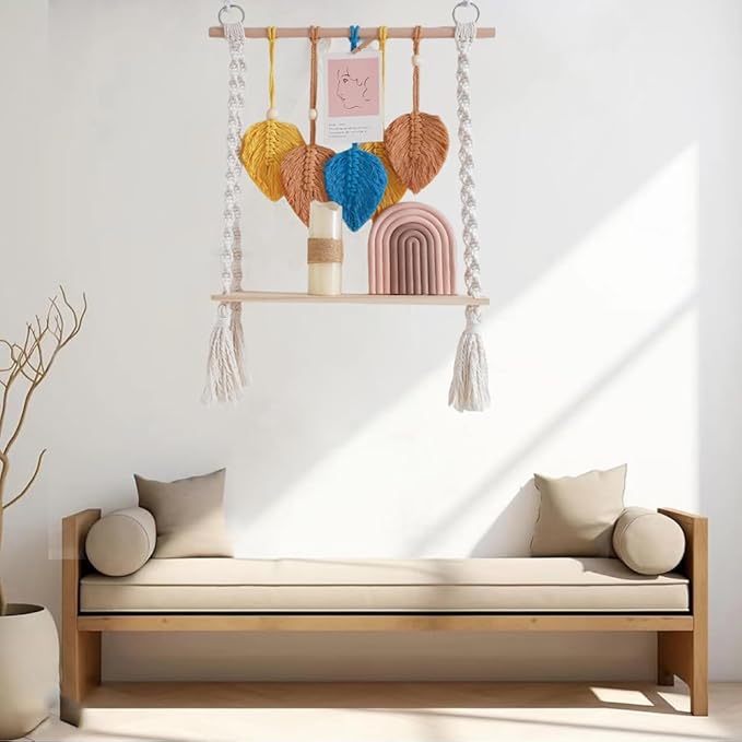 Macrame Wall Hanging Shelf, Bohemian Woven Tapestry Chic Woven Leaf Tassels Home Deco, Boho Handmade Wall Art Floating Shelf for Living Room, Bedroom, Nursery Backdrop, Apartment (Blue+Brown+Yellow)