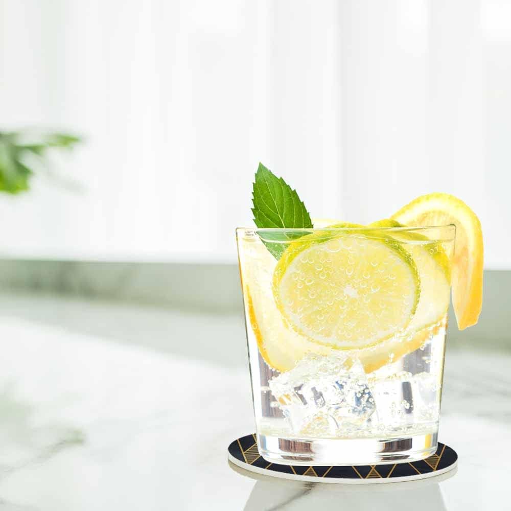 IBILIU Art Deco Coasters for Drinks,Set of 6 Leather Coaster,Golden Geometric Retro Blue Black Round Drink Coaster Cup Coasters for Home Kitchen Office Bar