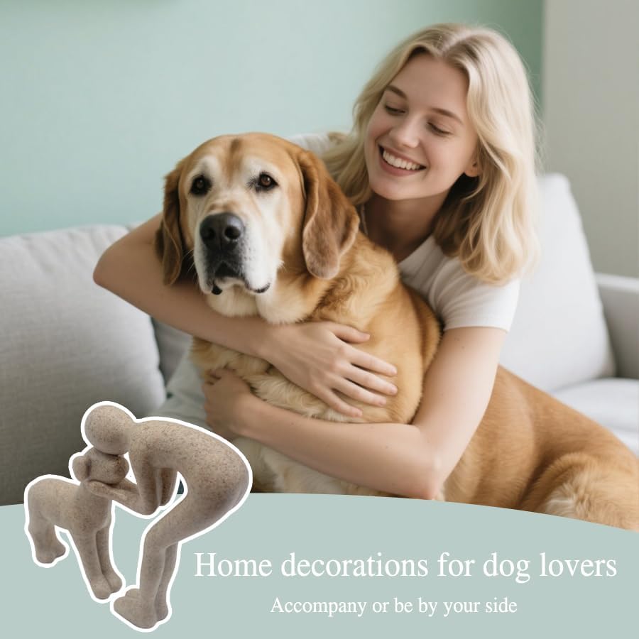 Human and Dog Statue Decoration, Cute Pet Sculpture Home Decor Tabletop Ornament Figurines Office Living Room Bedroom Home, for Dog Lovers Friends Family Decoration, Sandstone Color