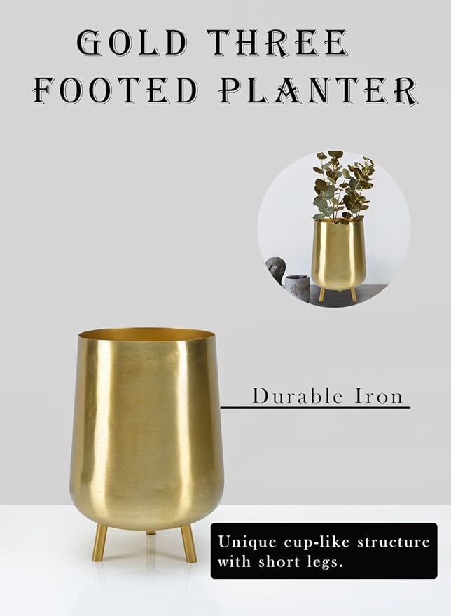 Serene Spaces Living 8" Gold Three Footed Planter, Stylish Iron Cachepot for Succulents, Cacti, Herbs, Mid-Century Inspired Indoor/Outdoor Planter Pot, Living Room, Kitchen, Office (Pack of 1)