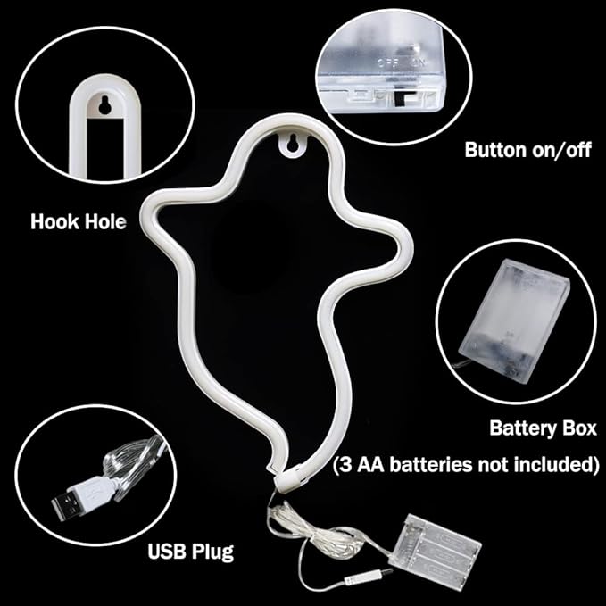 White Ghost Halloween Lights Neon Signs, Gothic Shaped Lamp USB/Battery Operated Night Lights for Home, Wall, Festival, Party, Christmas Decor-Ghost(White)