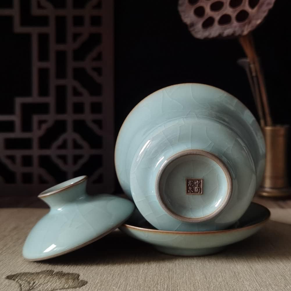 Gaiwan Kung Fu Teacups with Lid 5-Ounce Teacup and Saucer Set Glazed Crack Porcelain Chinese Celadon(Grey Grack)