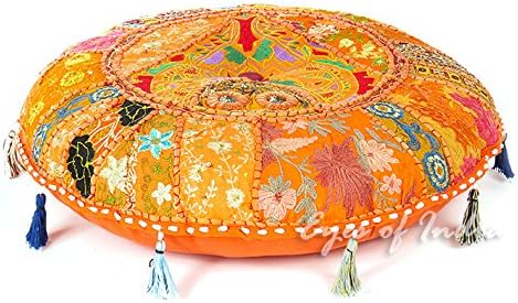 Eyes of India Round Floor Seating Meditation Patchwork Pillow Cushion Cover Colourful Decorative Throw Indian Bohemian Accent Boho Chic Handmade Cover Only (Orange, 28" x 28")