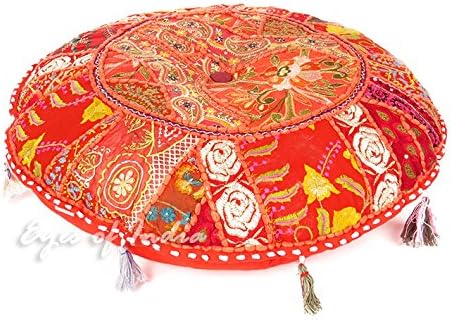 Eyes of India Round Floor Seating Meditation Patchwork Pillow Cushion Cover Colourful Decorative Throw Indian Bohemian Accent Boho Chic Handmade Cover Only (Red, 28" x 28")