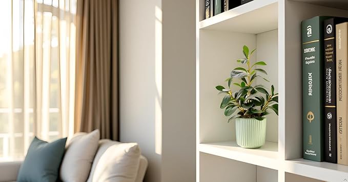 14.6'' Fake Plant Ficus Leaves Artificial Plant in Light Green Ceramic Stripe Planter Faux Real Looking and Touching Evergreen for Home Living Room Indoor & Outdoor