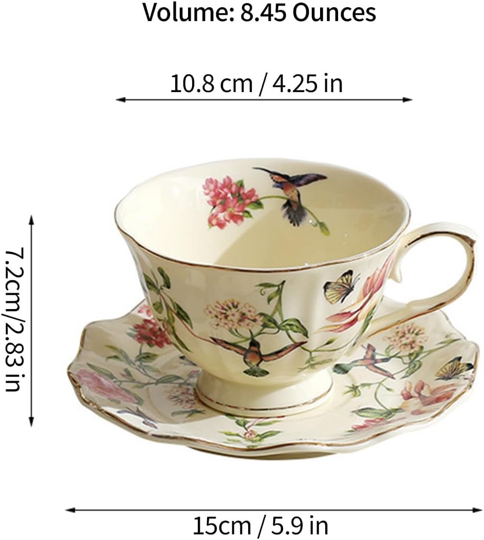 fanquare Vintage Spring Style Tea Cup and Saucer Set, 8 oz Porcelain Coffee Cup with Gold Trim, Flower and Bird Teacups for Women and Tea Parties