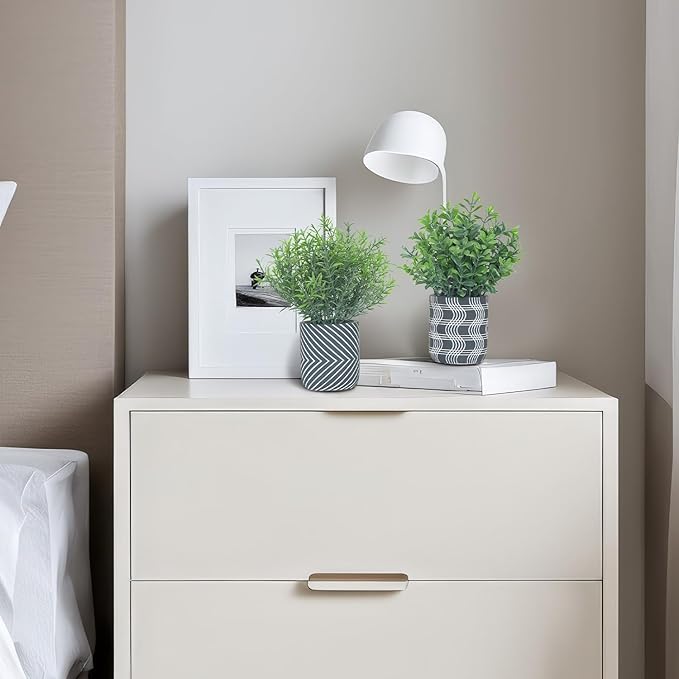 4 Pack Small Fake Plants, Fake Grass Plant, Artificial Boxwood & Rosemary, Lavender with Geometric Pattern Cement Pots, Small Potted Faux Greenery for Home Decor, Office, Indoor&Outdoor Decor