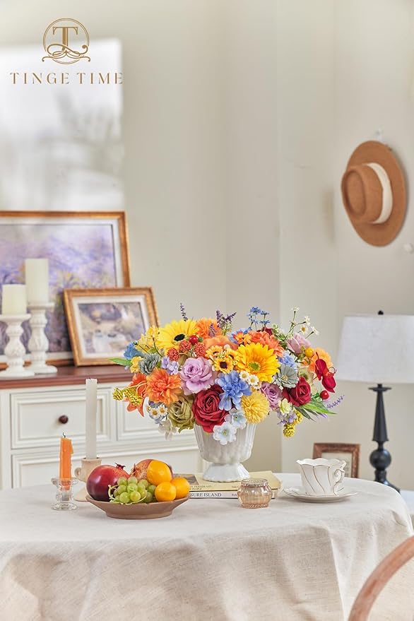 TINGE TIME Fake Flowers Artificial Flowers Peonies Bulbous Chrysanthemum Daisy Hydrangea Sunflower Violets Dahlia Daffodils Epiphyllum Orchid Cherry Blossom Camellia Leyaron (Rainbow Colorful)
