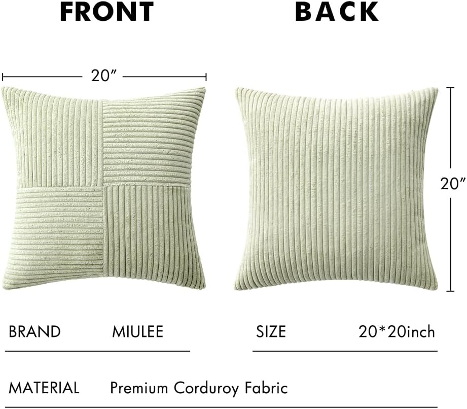 MIULEE Light Green Corduroy Pillow Covers Pack of 2 Boho Decorative Spliced Throw Pillow Covers Soft Solid Couch Pillowcases Cross Patchwork Textured Cushion Covers for Living Room Bed Sofa 20x20 inch