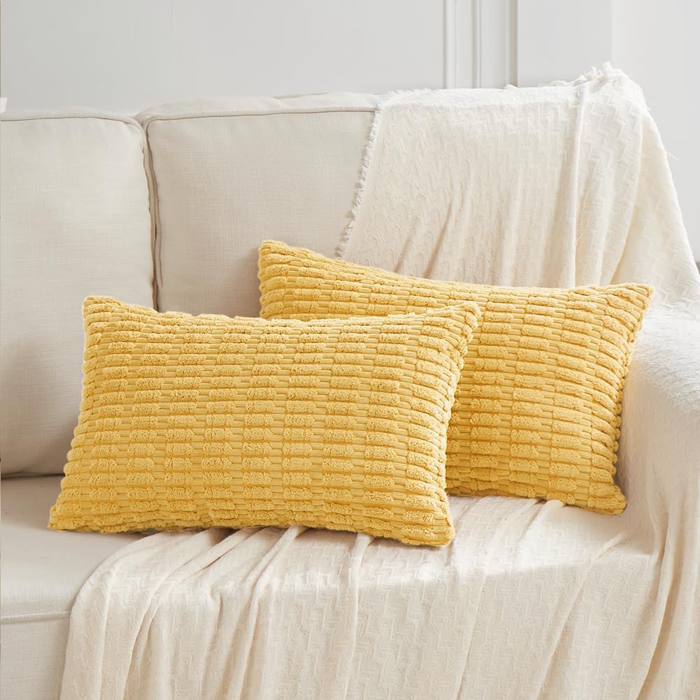 Fancy Homi 4 Packs Yellow Lumbar Decorative Throw Pillow Covers 12x20 Inch for Living Room Couch Bed Sofa, Rustic Farmhouse Boho Home Decor, Soft Striped Corduroy Rectangle Cushion Case 30x50 cm