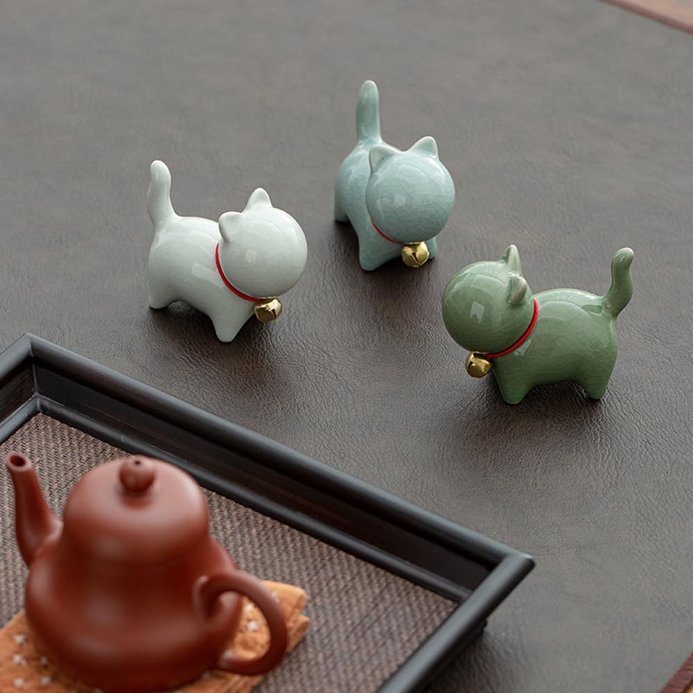Blue Ceramic Miniature Lucky Cat Statue - Tea Pet Cat Tabletop Ornaments & Home Office Decoration