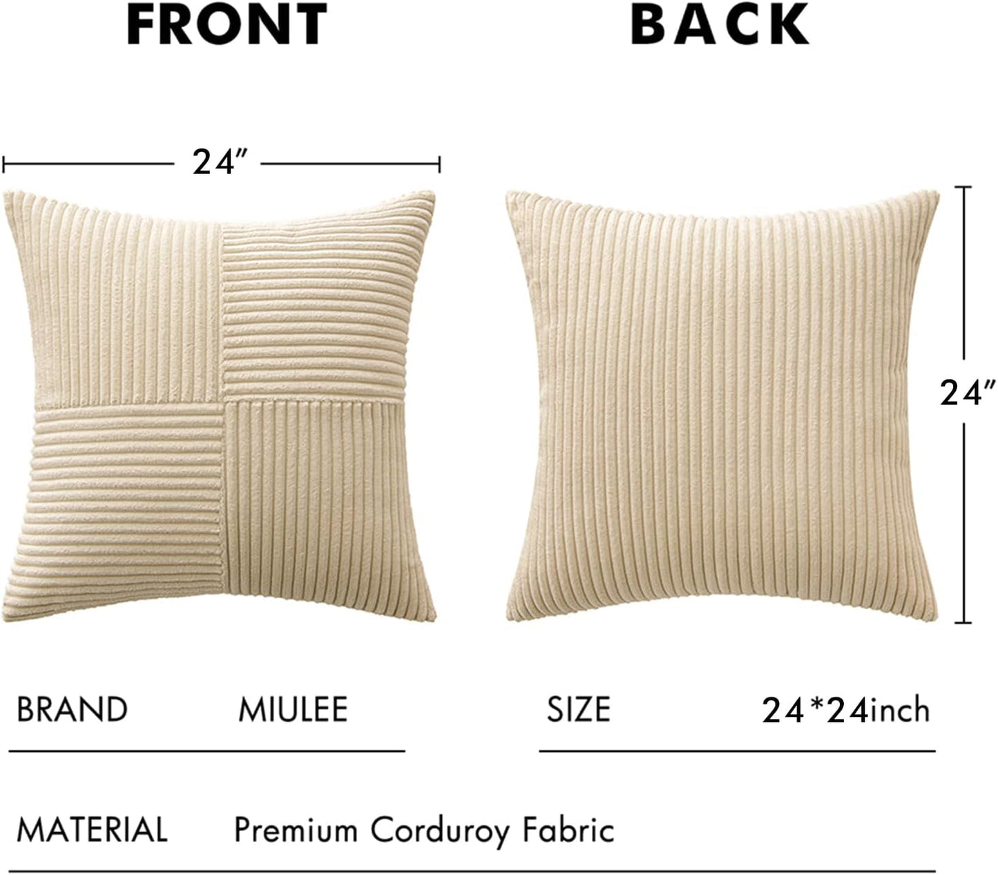 MIULEE 24x24 inch Euro Cream Corduroy Pillow Covers Pack of 2 Boho Decorative Spliced Throw Pillow Covers Soft Solid Couch Pillowcases Cross Patchwork Textured Cushion Covers for Living Room Bed Sofa