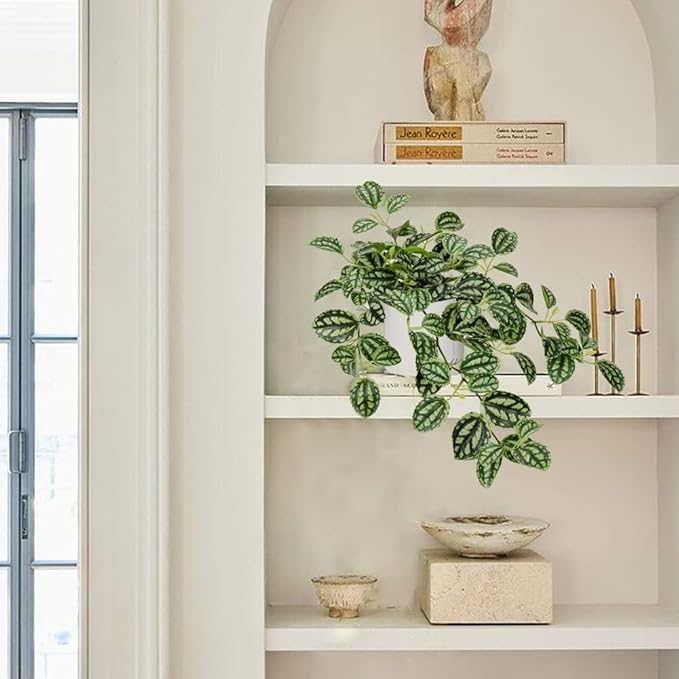 Fake Hanging Plants, 20 Inch Artificial Ivy Plant in Ceramic Pot Faux Watermelon Peperomia Trailing Vine Plant Potted for Home Bedroom Office Table Shef Desk Indoor Outdoor Decor Green