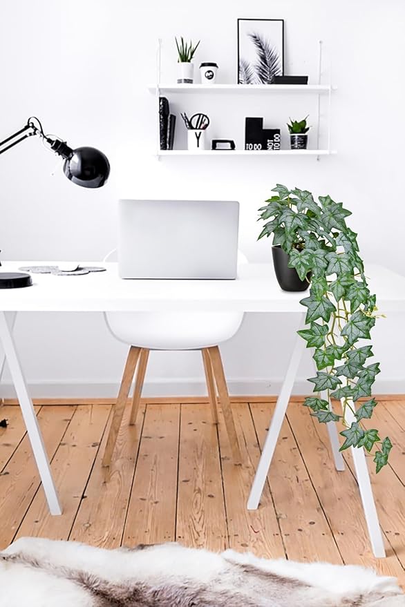 Realistic Fake Pothos Ivy Plant with Pot Artificial Leaves Featuring a White Frosted Finish for Home Shelf Decor Indoor Silk Artificial Plant Large