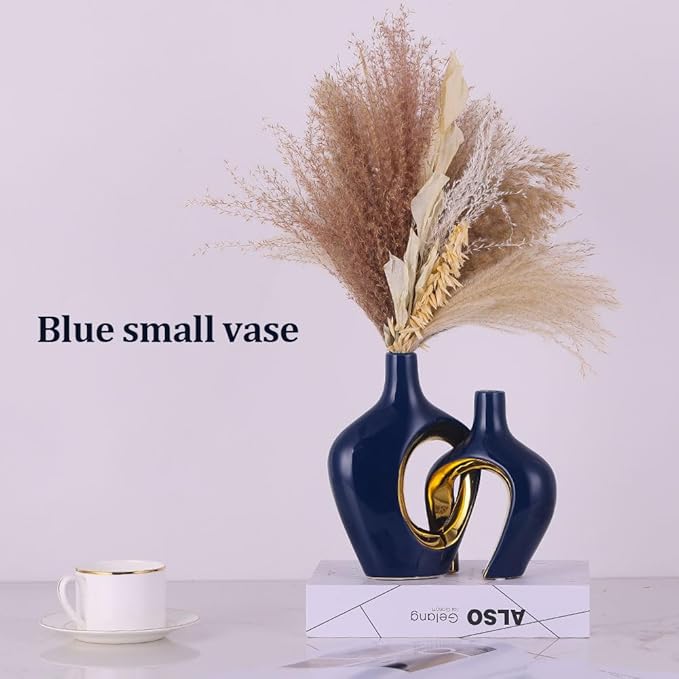Blue Hollow Ceramic Vases Set of 2 - Modern Nordic Boho ins Style Vases for Decor, Decorative Pampas Grass Flower Vases for Wedding, Living Room, Office, Entrance, Dining Table Decor Centerpieces