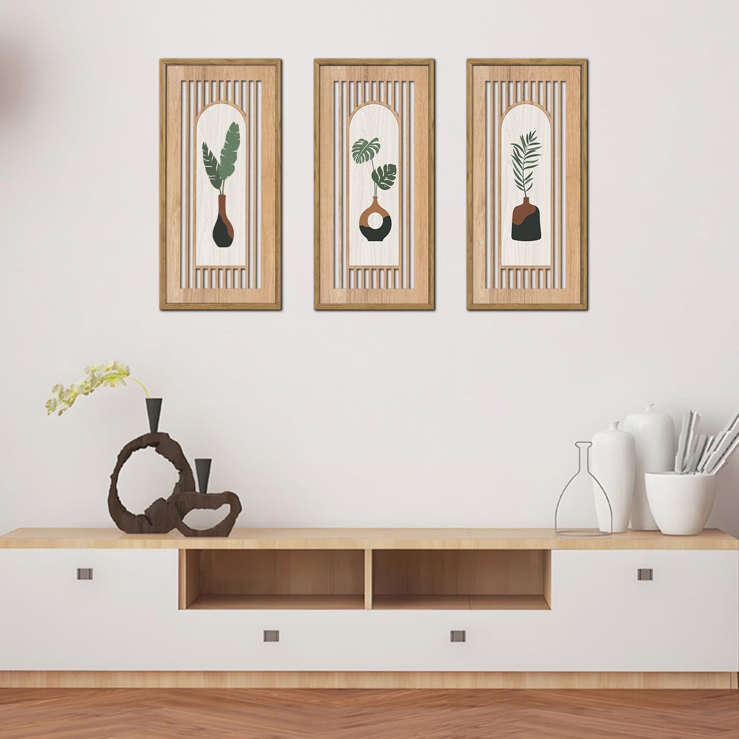 KAIRNE Boho Wooden Wall Art,Abstract Minimalist Wall Art Set of 3(8X16),Modern Aesthetic Botanical Artwork,Green Bohemian Decor,Mid-Century Design for Living Room Bedroom Office Farmhouse Decor,Framed